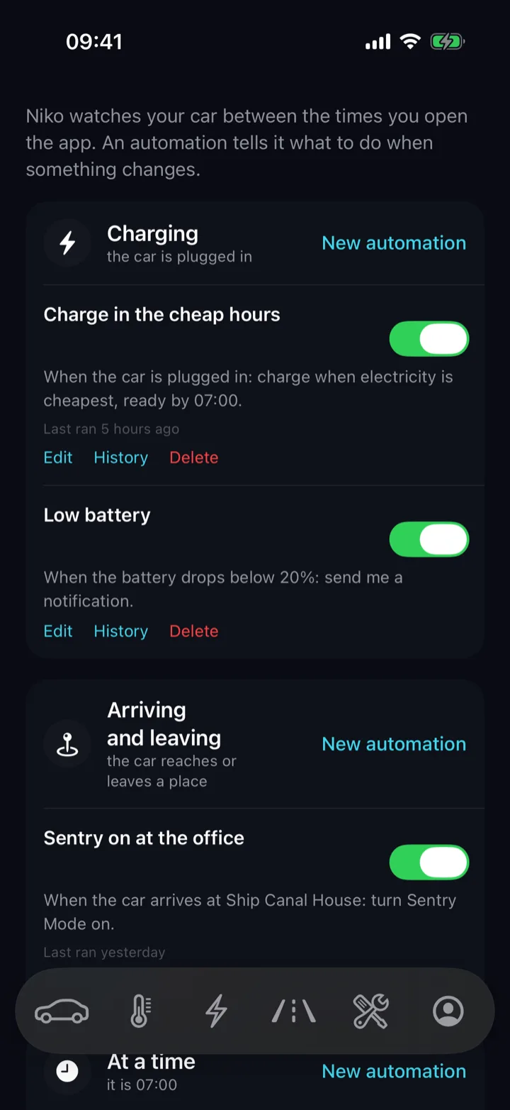 The Niko automations screen grouped into Charging, Arriving and leaving, At a time and Security.