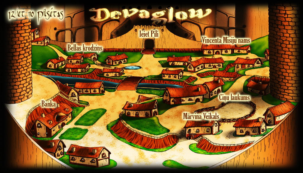 Hand-drawn map of Devaglow, the Magic Era town, with its bank, tavern, mission house, shop and arena.