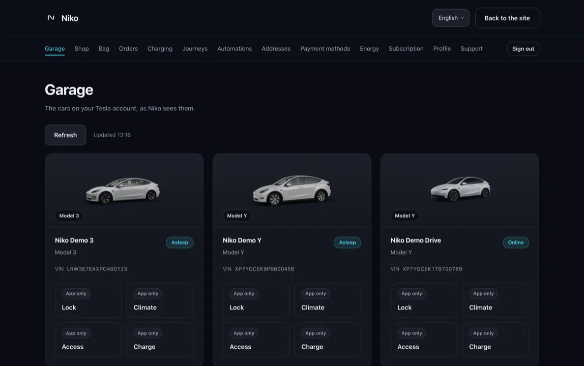 The Niko website garage listing three Teslas with model, VIN and online state.